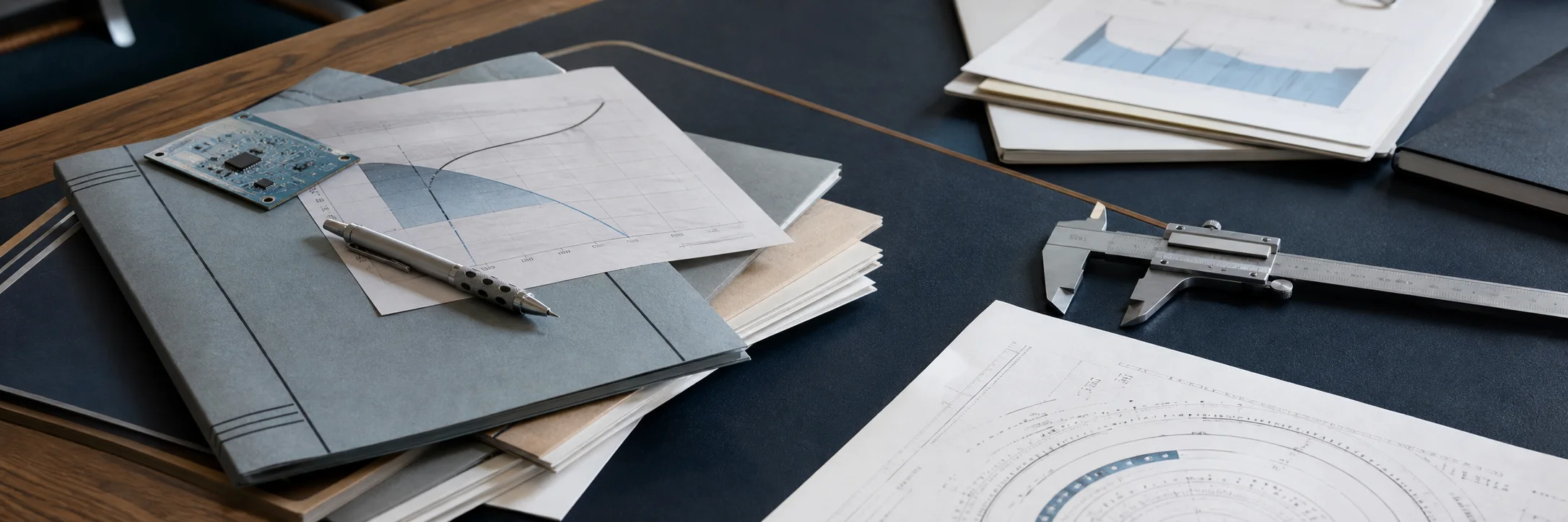Unterlagen und technische Arbeitsmaterialien auf einem Schreibtisch